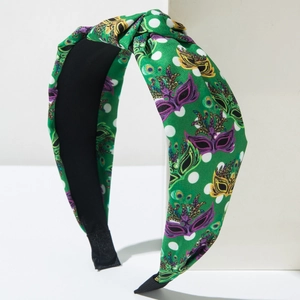 Polka dot green knotted headband with colorful carnival mask prints for hair accessories
