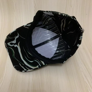 Interior view of baseball cap featuring striped pattern and white protective plastic insert