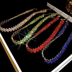 Luxurious geometric choker necklace set with colorful crystal rhinestones in velvet box