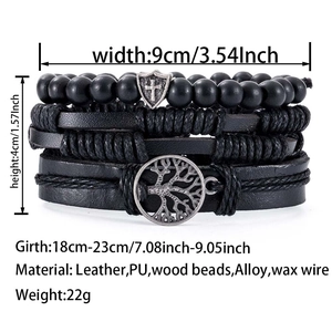 Detail view of 4-piece men's leather bracelet set with tree of life and wood beads