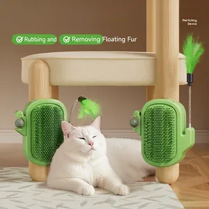 Cactus shaped cat grooming massager with mint ball and feather wand toy for indoor cats