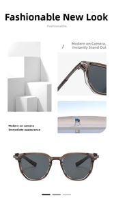 Detail of square sunglasses with translucent tea frames and durable metal hinges