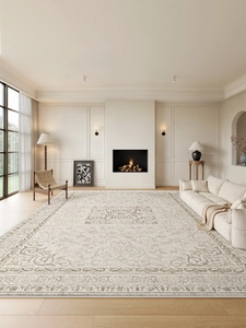 Detail of a large beige vintage pattern rug in a modern living room setting