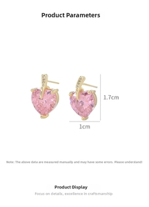 Detail showing pink heart-shaped crystal earrings with gold plating and size 1.7cm x 1cm