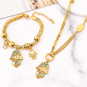 Hamsa Hand Evil Eye Necklace Bracelet Earrings Titanium Steel Gold Plated Hollow Palm Pendant Asymmetric Chain Women Amulet