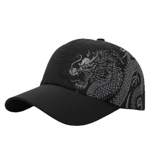 Men's quick-dry baseball cap with dragon print and laser-cut vents in black