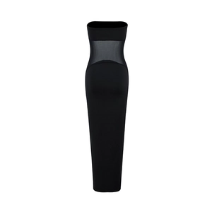 Detail showing sheer mesh patchwork and waist stitching on this black tube dress