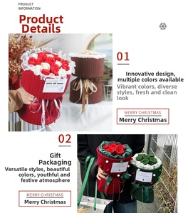 Close-up of knit texture Christmas apple wrap and floral bouquet with Merry Christmas tags
