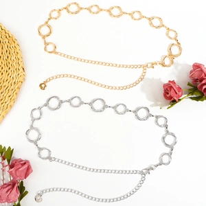 Sexy gold and silver metal body waist chain with geometric circle links on white background