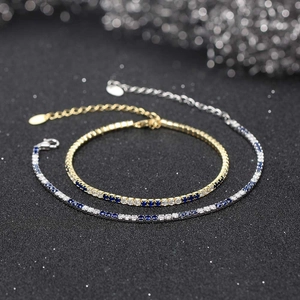 Elegant 2mm S925 sterling silver adjustable tennis bracelet with blue and clear crystals