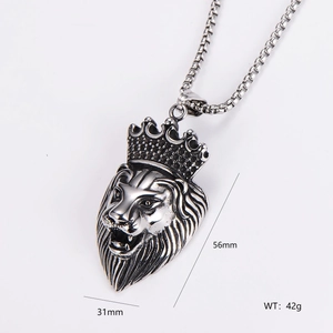Silver stainless steel lion head pendant necklace with crown design and size dimensions
