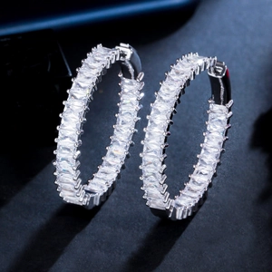 Baguette Cut Cubic Zirconia Hoop Earrings With Silver Earring Post Copper Luxury C-Shaped Jewelry For Women