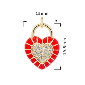18K gold plated heart lock pendant with red enamel and micro-pave crystals 15x19.5mm
