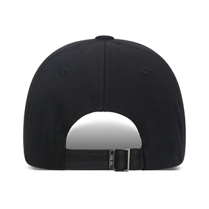Rear view of black camouflage baseball cap with adjustable metal buckle and cotton twill texture