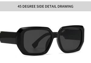 45 degree side detail drawing of black square sunglasses with glossy frames