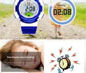 Detail view of children's blue digital watch with step counter and alarm features