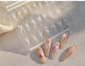 Detail of TL-324 3D butterfly nail stickers with elegant pearl and lace patterns
