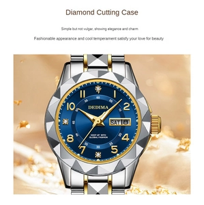 Macro shot of blue dial watch with diamond cutting case and day-date display