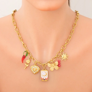 18k gold plated stainless steel chunky necklace with tarot charms and chili pendant