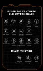 Detailed grid of C20PRO smartwatch features including heart rate and sports tracking