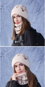Detail of warm winter knit beanie and neck warmer set with brown abstract pattern