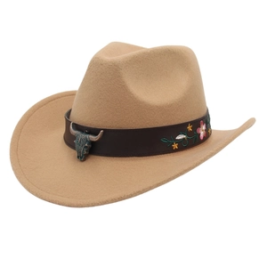 Khaki western cowboy hat with leather band, bull skull ornament and floral embroidery