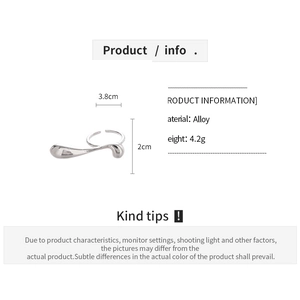 Detail specifications of liquid silver irregular geometric open ring with size and material