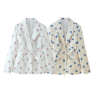 Giacca Blazer da Donna Elegante con Stampa Floreale Revers Manica Lunga Cintura in Vita Vestibilità Slim Soprabito in Poliestere