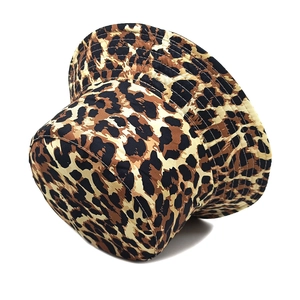 Classic leopard print bucket hat with a flat top and reversible brown cotton fabric design