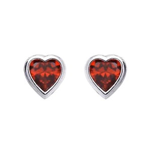 Detailed view of silver heart stud earrings with red faceted gemstones and bezel setting