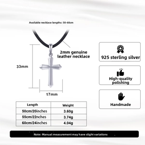 Size chart for 925 sterling silver cross pendant with dimensions and weight specifications