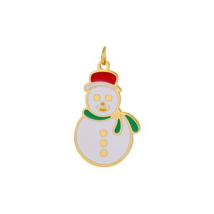 Detail of gold-edged white enamel snowman pendant with red hat and green scarf decor