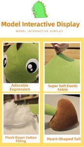 Detail view of plush dinosaur pillow showing soft fabric and heart-shaped tail