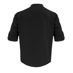 Back view of a black cotton linen shirt for men featuring a classic straight cut