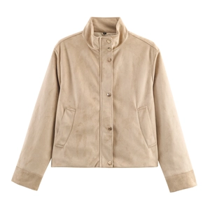 Veste En Simili Daim Pour Femmes Couleur Unie Col Montant Fermeture Éclair Extérieur Avec Boutons Poches Décontracté