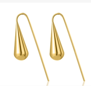 Detailed view of polished 18K gold waterdrop earrings with long streamlined hooks