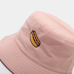 Pink cotton bucket hat with colorful hot dog embroidery and parallel stitching