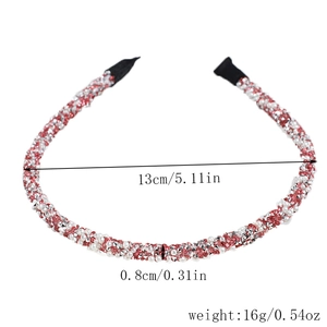 Détail du serre-tête en cristaux roses et blancs avec dimensions de 13 cm et 0,8 cm de large