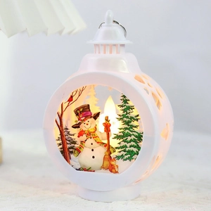 White Christmas lantern featuring snowman and warm glowing lights with top handle