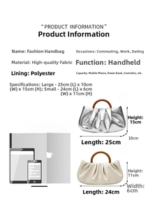 Detailed size specifications for small and large pleated clutch bags with resin handles