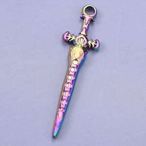Detailed macro view of 304 stainless steel sword pendant with rainbow gradient finish