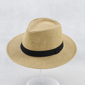 Classic khaki wide brim straw fedora hat with black ribbon for men summer sun protection