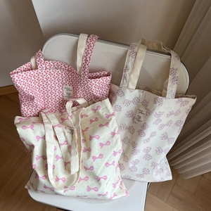 Sac Cabas En Toile Pour Femmes Sac À Épaule En Coton Imprimé Nœud Doux Motif Floral Grande Capacité Sac À Main Décontracté