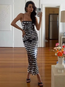 Sparkly black sequin slip dress with silver circular patterns for elegant formal evening wear