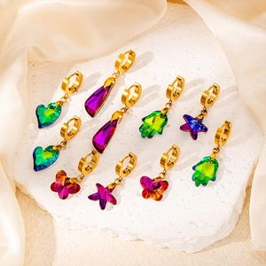 Chic gold stainless steel hoop earrings with colorful crystal charms in heart and star shapes