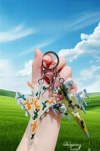 Detail of camouflage fighter jet keychain with pull-back function and metal ring