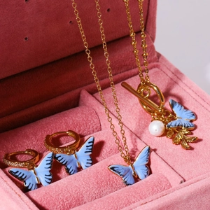 Collier Pendentif Papillon Vintage Cuivre Plaqué Or 18K Émail Bleu Feuille Künstliche Perle Fermoir En T Bijoux Romantiques