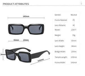 Detailed size specifications for rectangular sunglasses with PC frame and AC lens dimensions