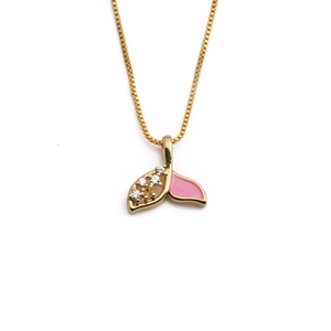 Gold plated copper mermaid tail necklace with pink enamel and sparkling zircon stones