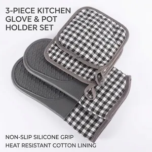 Gray silicone oven mitt and pot holder set with classic black and white checkered fabric